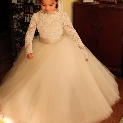 dresses flower puffy tulle ivory sashes appliques lace pageant sleeves gowns junior