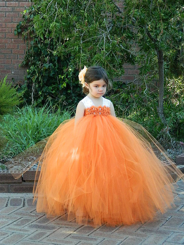 Puffy Long Pageant Dresses For Kids Formal Orange Flower Girl Dresses