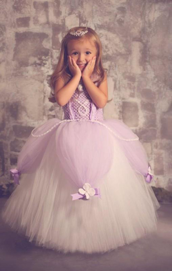white and lavender flower girl dress