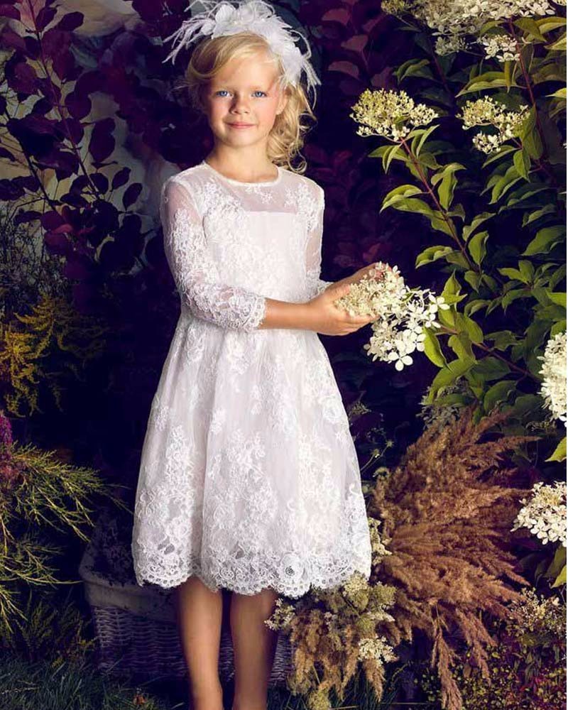 2018 Fashion First Communion Dresses For Girls A Line White Lace Appliques Long Sleeve Flower Girl Dresses For Weddings