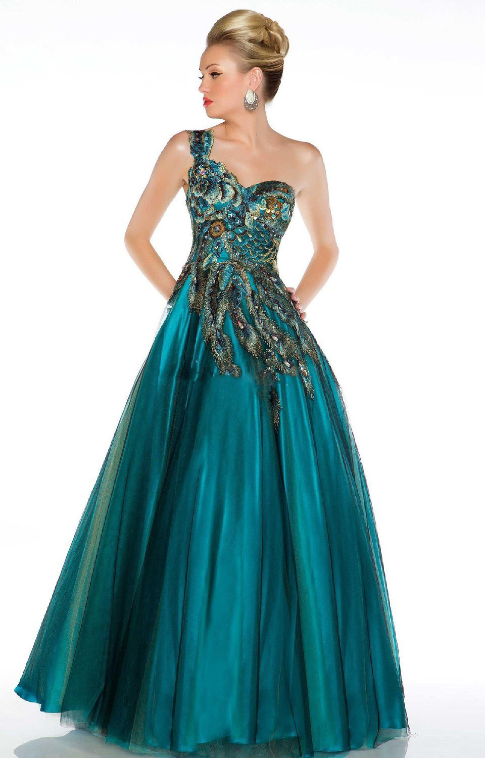 Full Length Peacock Embroidered Party Ball Homecoming Prom Dresses Long ...