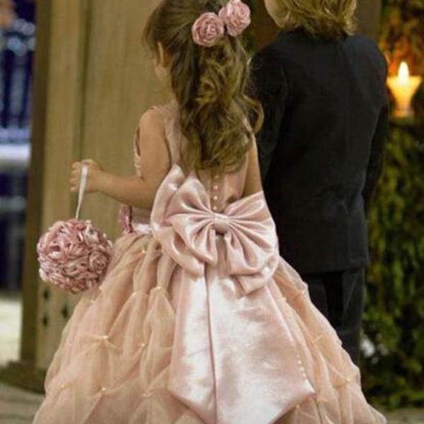 Floor Length First Communion Dresses For Girls Beading Bow Flower Girl ...