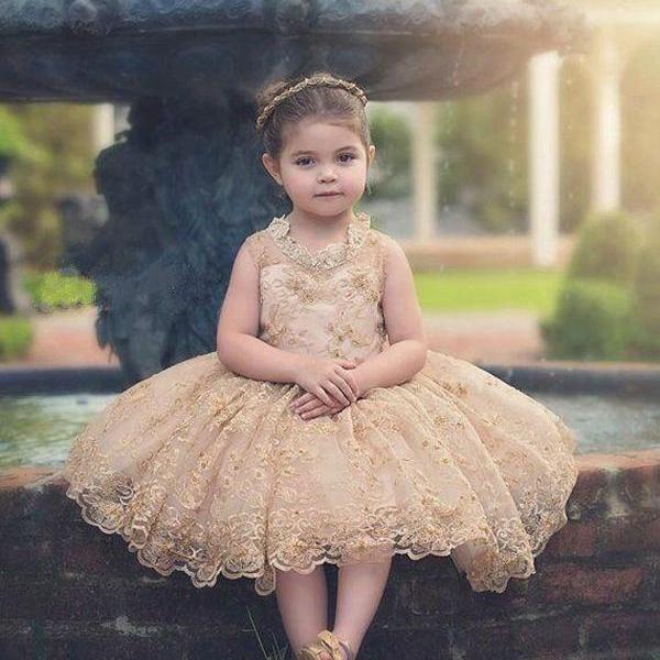 Cute Baby Tutu Dresses For Weddings Gold Appliques Communion Flower