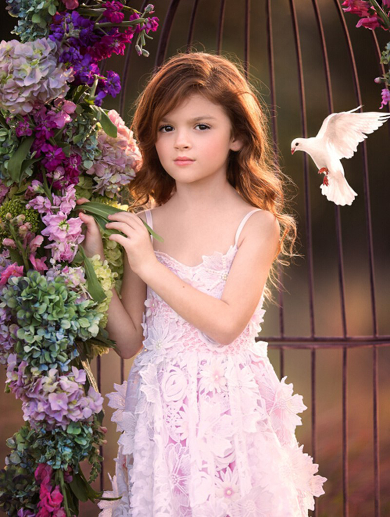 Cute Little Baby Girls Dresses Square Neckline Hand Made Flowers