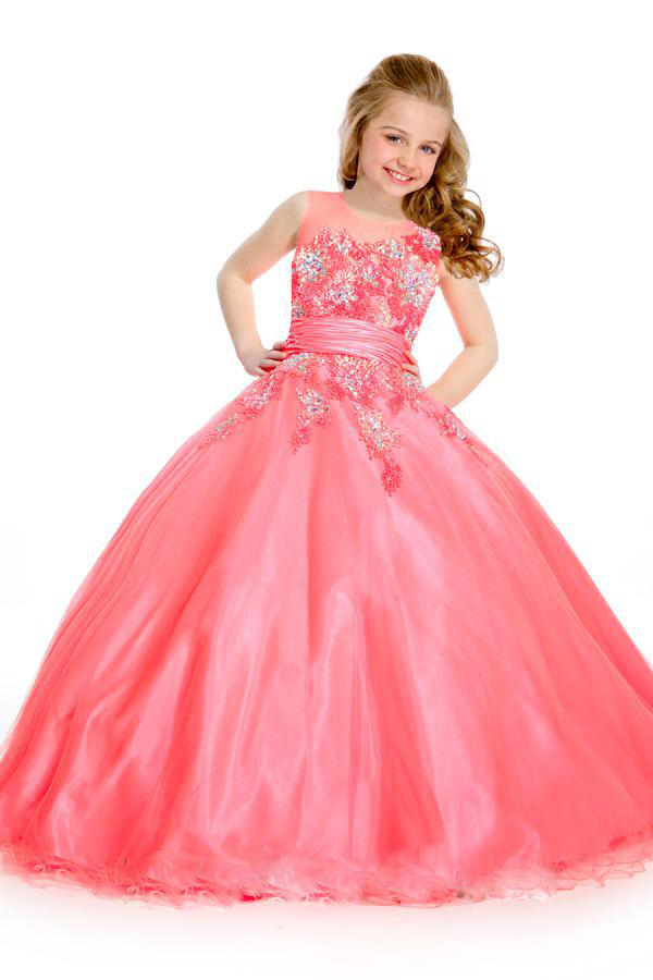 2016 Beautiful Coral Princess Lace Sequin Flower Girls Dresses Jewel